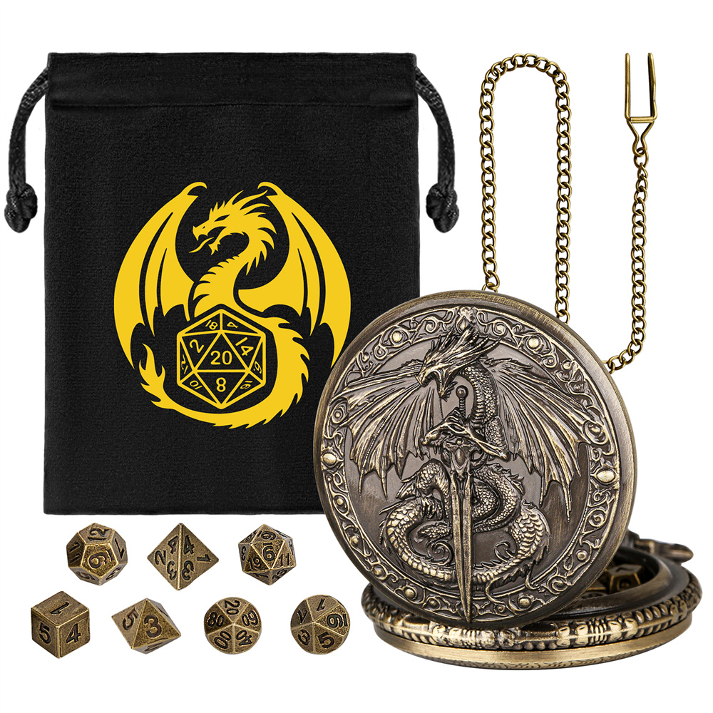 Retro Gaming Gif - Bronze/Grey Black Sword Dragon Pocket Watch